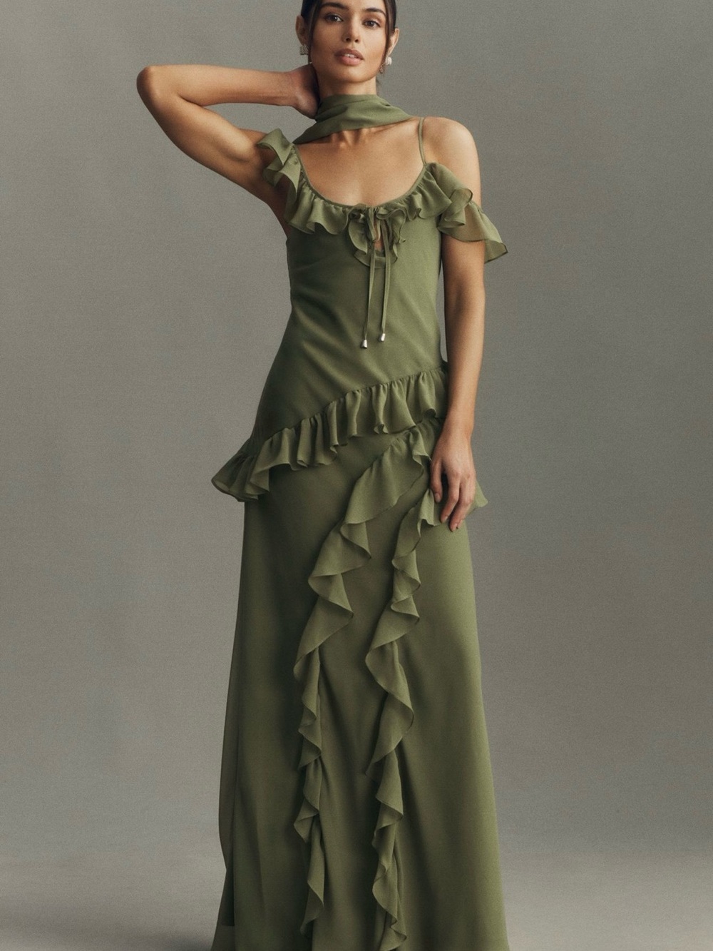 BHLDN Olive-Green Ruffle-Detail Maxi Dress size Small